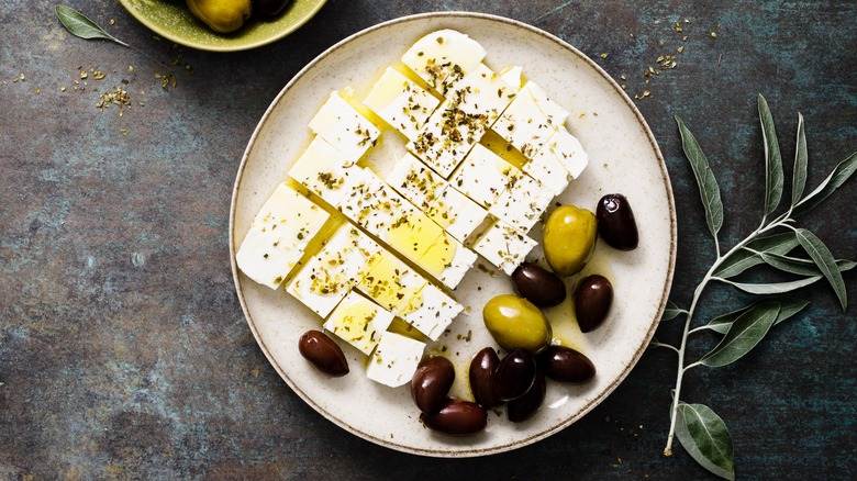 olive oil covered feta and olives