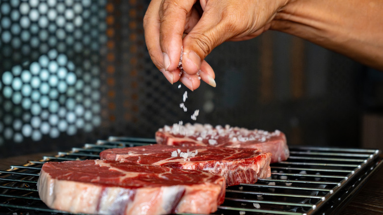A hand sprinkles coarse salt on raw steak on a grill.