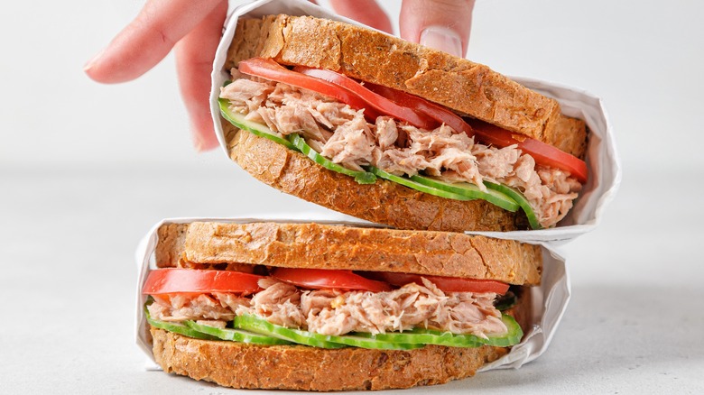 stacking two tuna sandwiches