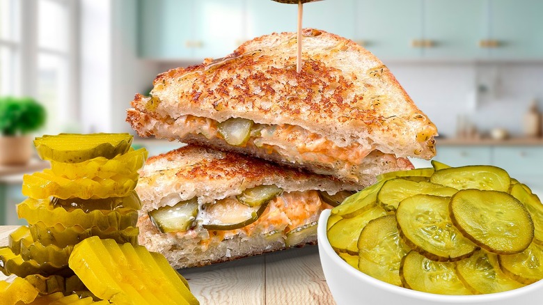 Sandwich with pickles in front