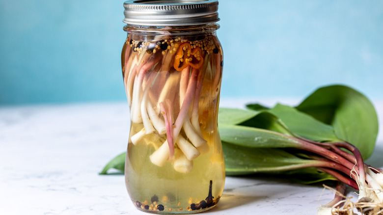 spicy pickled ramps in jar