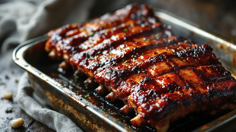 BBQ pork spare ribs on a pan