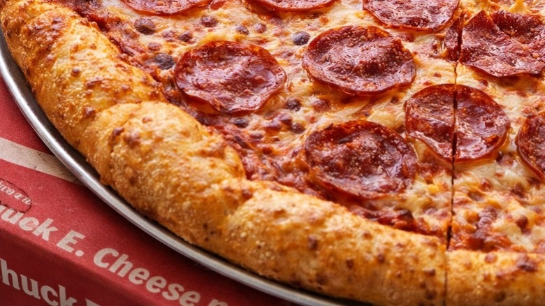 A close-up of a pepperoni pizza from Chuck E. Cheese