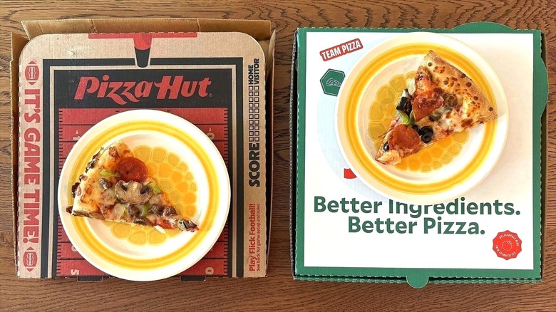 Two slices of pizza with different vegetables