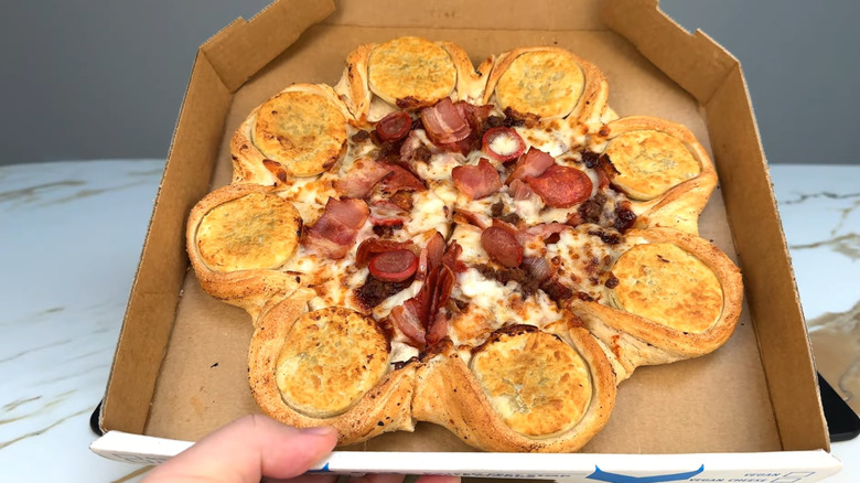 Pizza Hut's Meat Pie Crust Pizza in pizza box