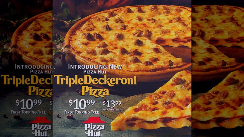 Pizza Hut's Triple Deckeroni Pizza ad with text