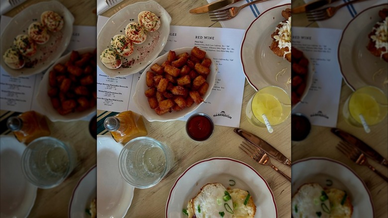 Top view of brunch spread on table including deviled eggs at Haberdish in Charlotte