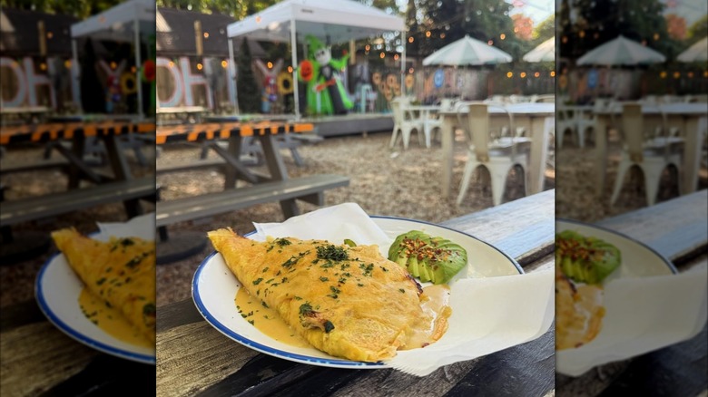 Vegan omelet on picnic table at Oh My Soul in North Carolina