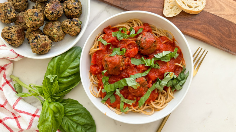 bowl of pasta and meatballs
