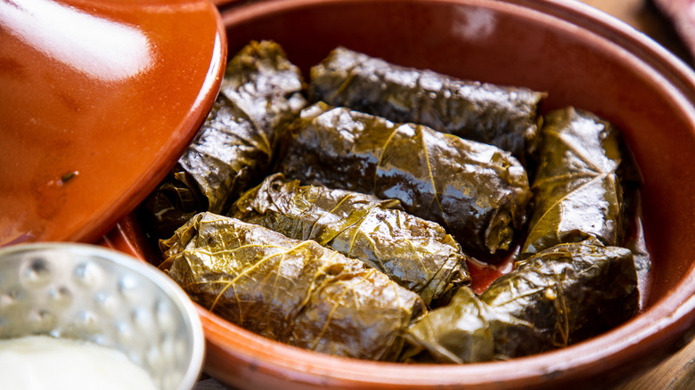 bowl of rolled grape leaves