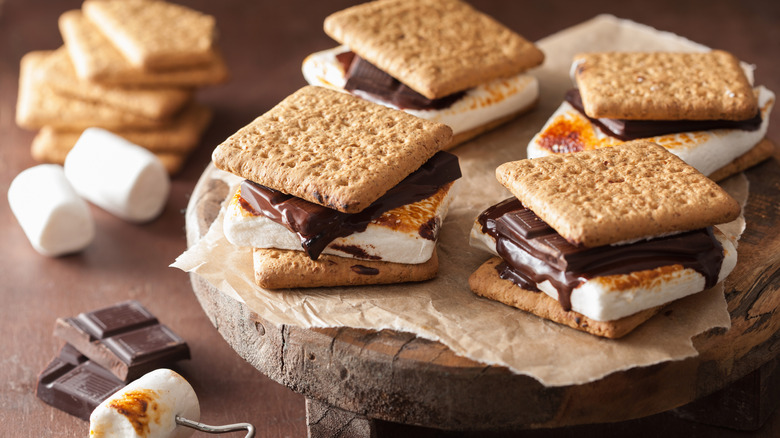 s'mores on wooden plank