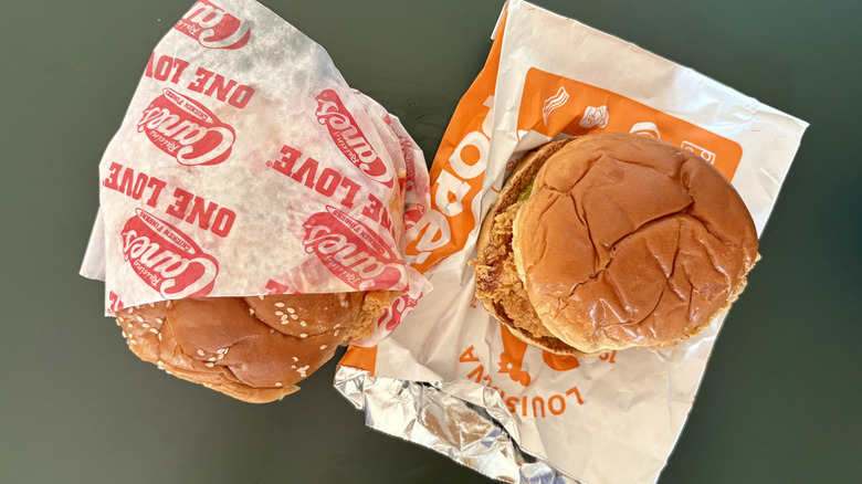 View of two chicken sandwiches from above