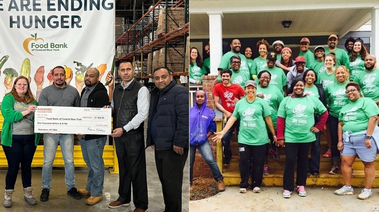 Split screen image of Popeyes Foundation presenting a donation check to the Food Bank of Central New York (left) and Church's Partners Foundation delivering a check to a team member for a scholarship (right)