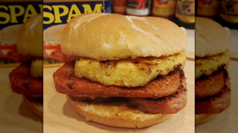 Mirrored image of a Spam and pineapple slider
