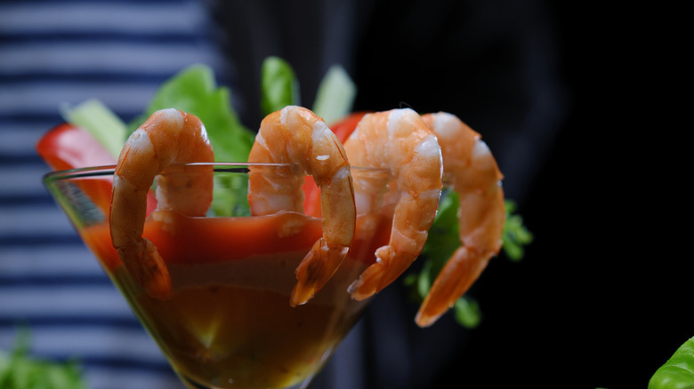 Close-up on shrimp cocktail in a martini glass