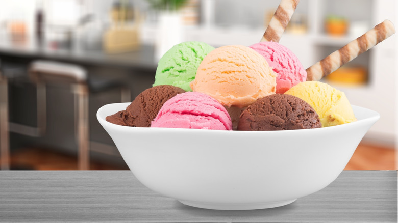 different ice cream flavors bowls at restaurant