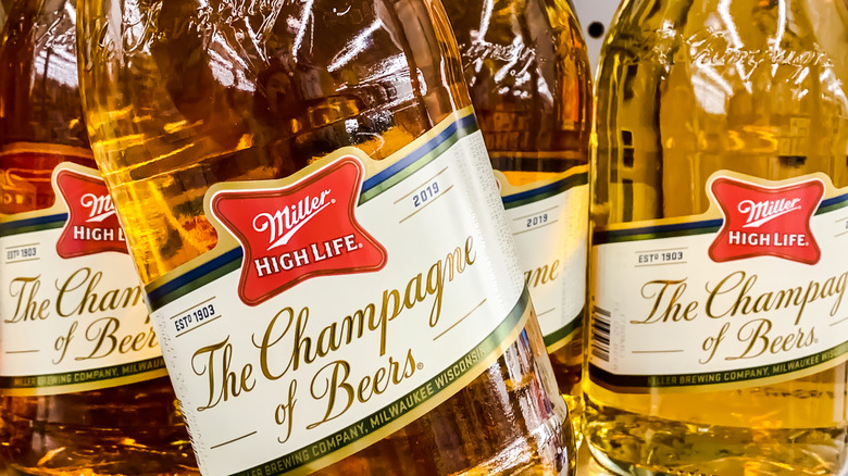 Miller High Life bottles and labels pictured up close