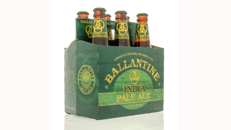 A six pack of bottled Ballantine beer on a white background