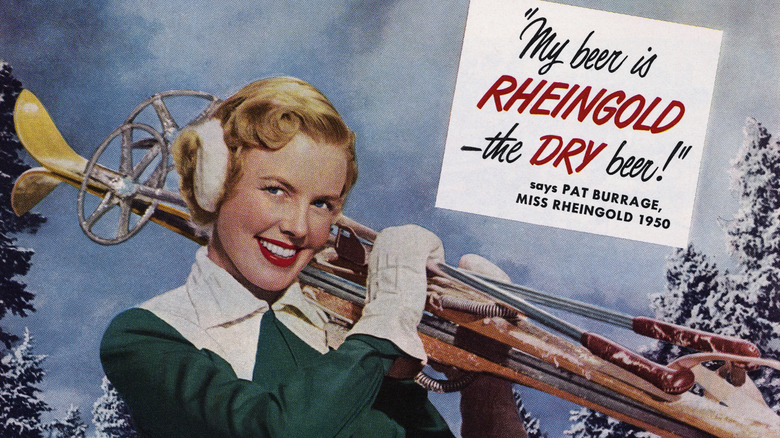 A woman smiling and holding skis in a Rheingold ad