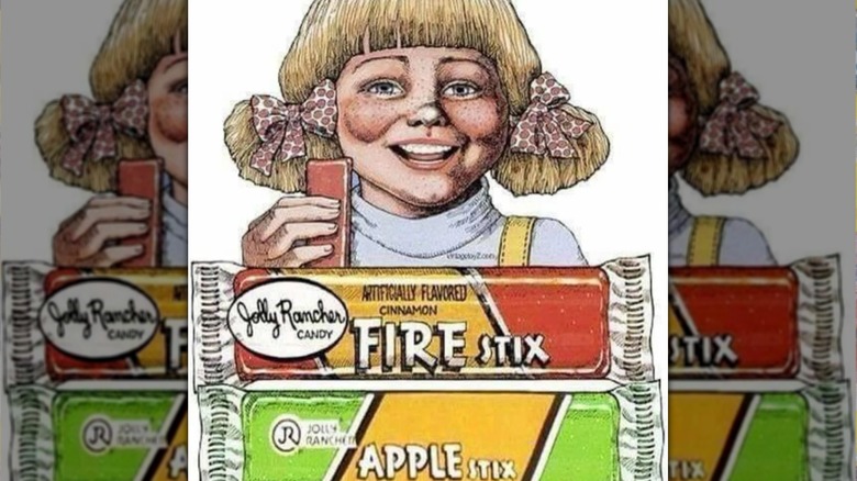 An advertisement for Jolly Rancher Fire Stix and Apple Stix