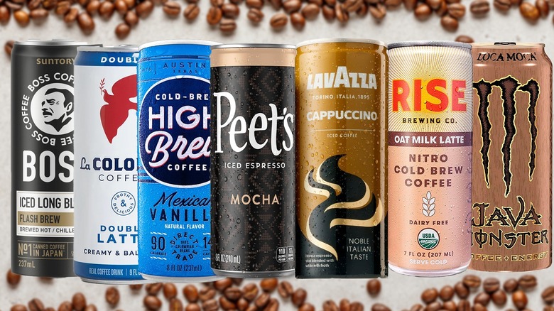 Row of canned coffee brands