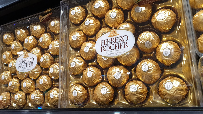Packages of Ferrero Rocher chocolate hazelnut bonbon candies