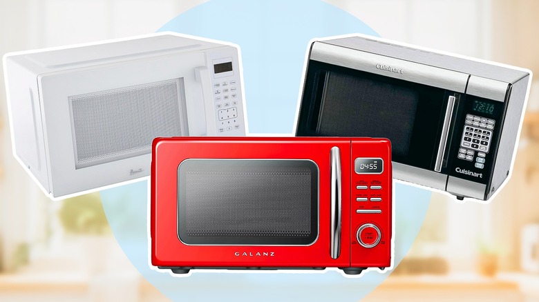 Three microwaves on blue and yellow background