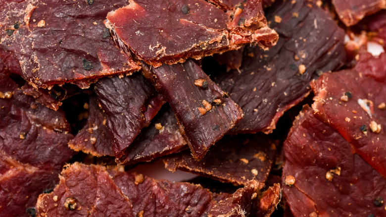 Close-up of peppered beef jerky