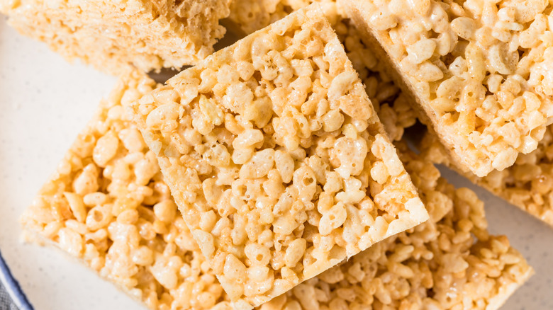 Close-up of a pile of Rice Krispies treat on a plate