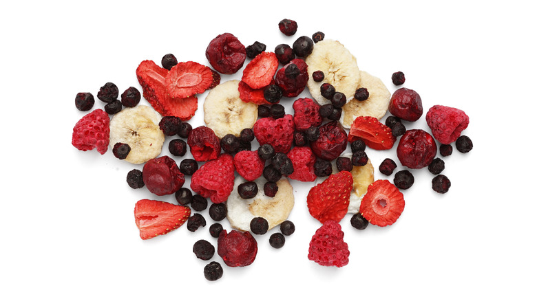 Assortment of freeze-dried fruit against white background