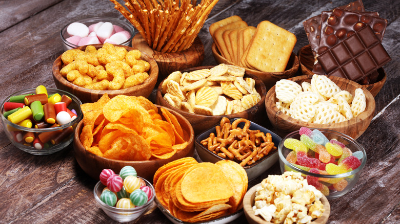 An array of snacks in bowls