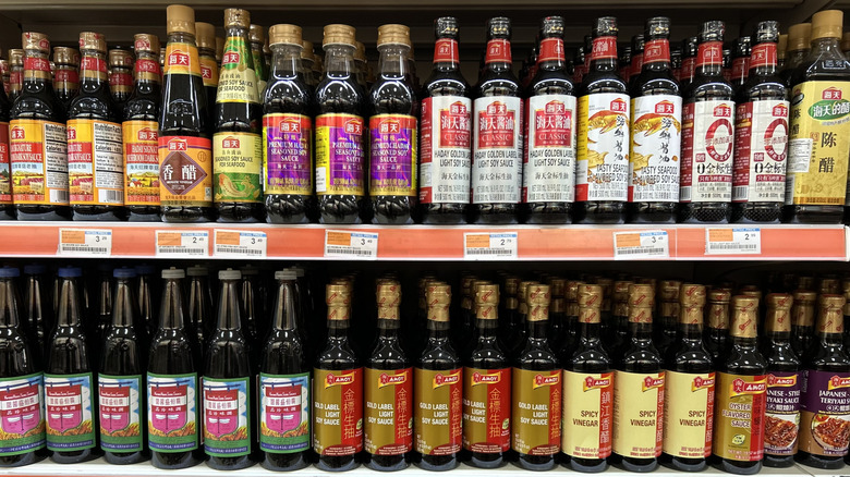 soy sauces on grocery shelves