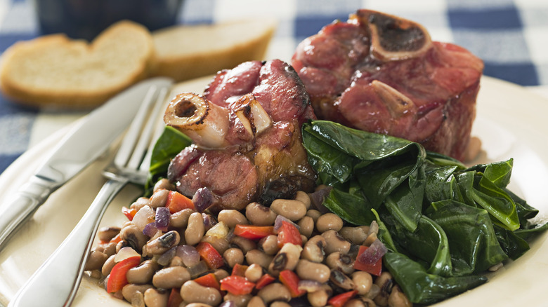 dish with greens, meat, beans