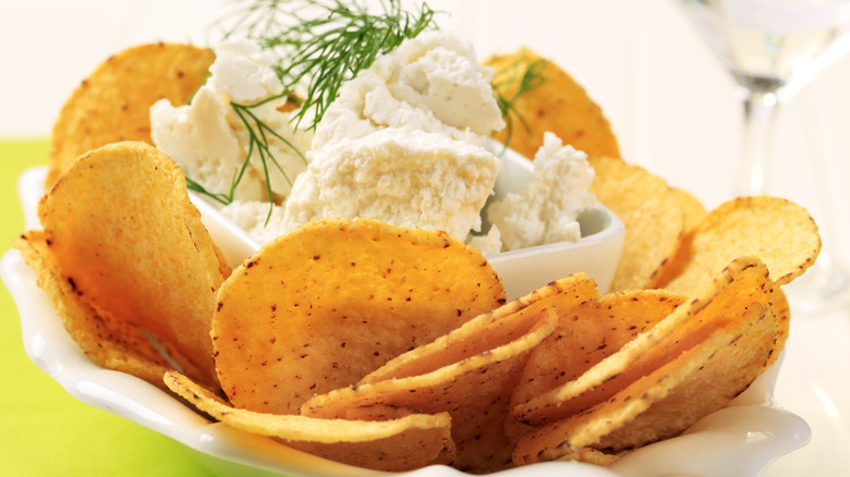 bowl of cottage cheese with tortilla chips