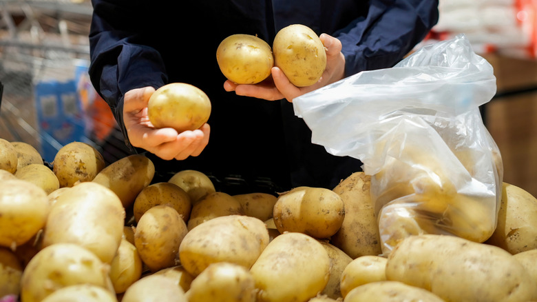 Shopper choosing potatoes at a grocery store.