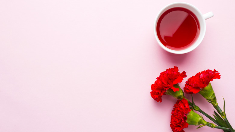 red carnations on pink backdrop with cup of red syrup