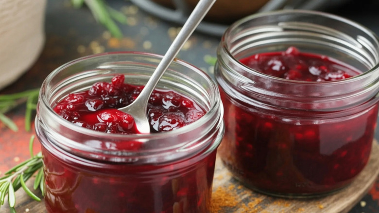 Jars of homemade cranberry sauce.