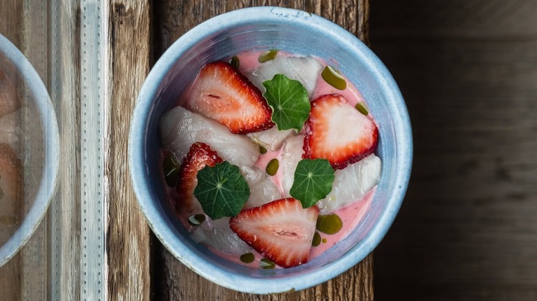 Strawberry aguachile at Ryn in a light blue bowl