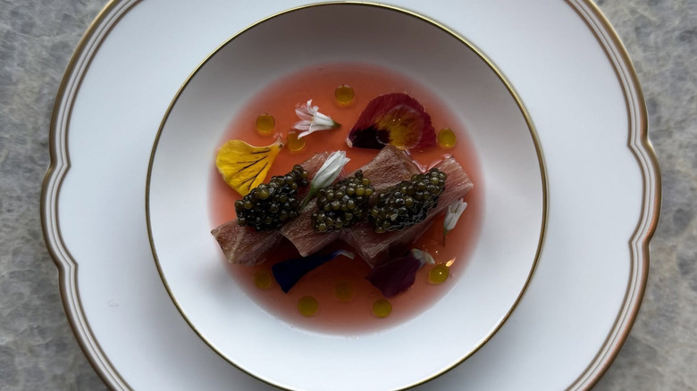 Caviar, strawberry, and tomato course at The Cheyenne Club at The Farm at Brush Creek Ranch