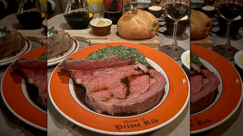 King Henry VIII cut of prime rib, bread, and red wine at The House of Prime Rib
