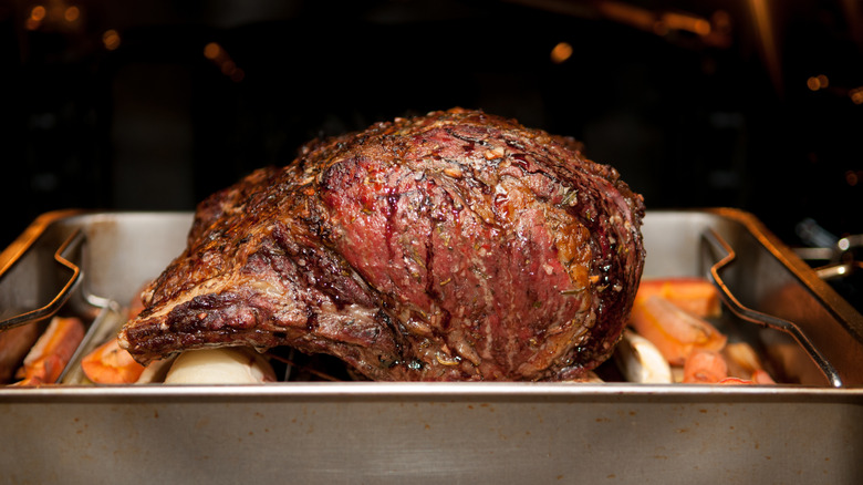 A prime rib in an oven dish