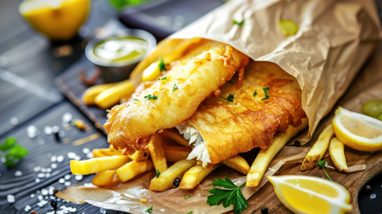 Fish and chips served in paper, pictured alongside lemon slices.