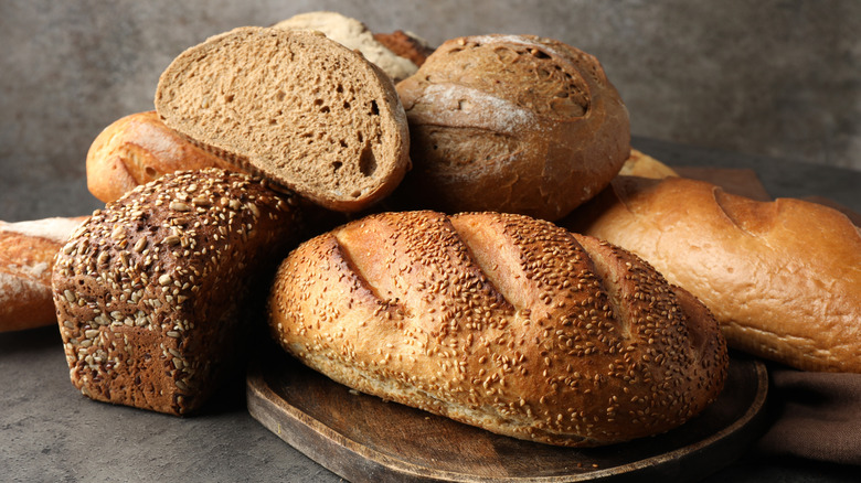A wide selection of bread loaves.