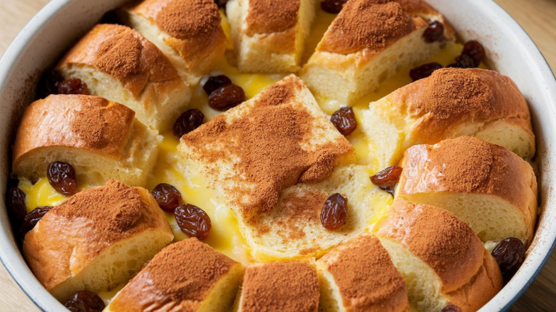 closeup of bread and butter pudding in dish