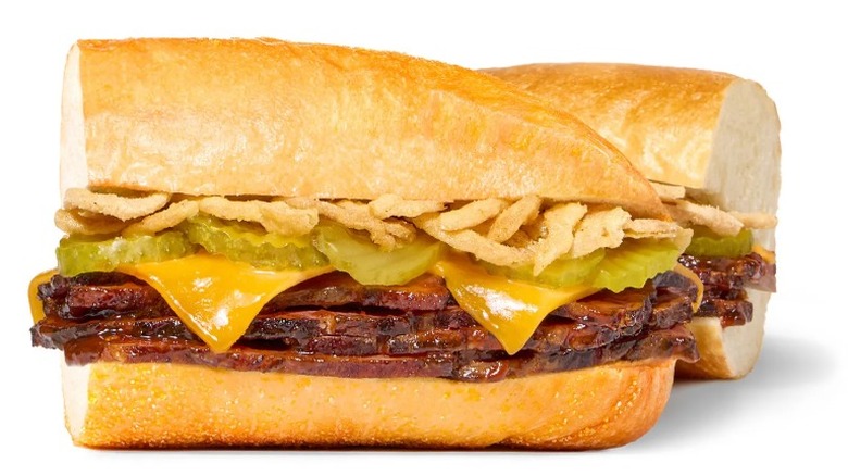 pub sub with brisket, cheddar, pickles, and fried onions