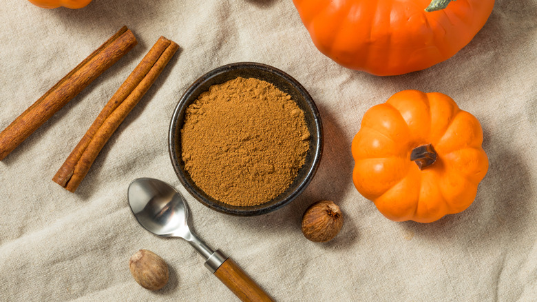 pumpkin spices in a bowl with a small pumpkin, cinnamon sticks, nutmeg, and spoon on a linen tablecloth