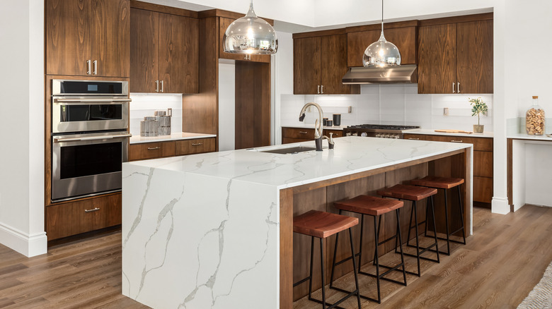 Modern kitchen with large quartzite island