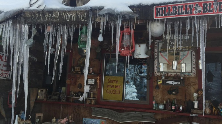 Exterior of Hillbilly Hot dogs with icicles and snow