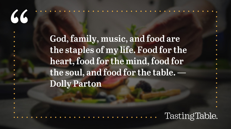 A Dolly Parton quote over an unfocused image of food