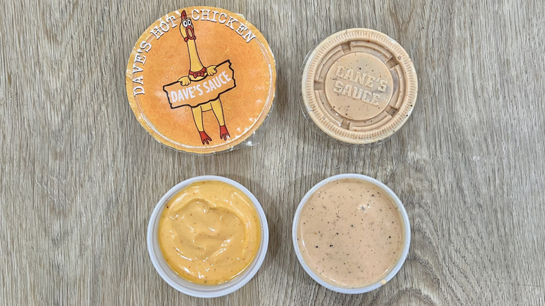 Signature sauces from Dave's Hot Chicken and Raising Cane's